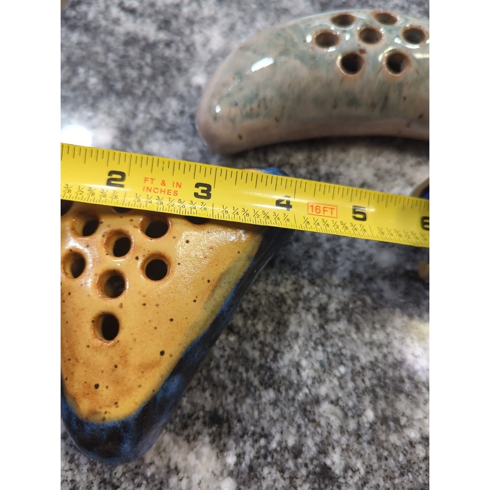 2 Vintage Glazed Pottery Stoneware Flower Frog Arts & Crafts Crescent & Triangle - Picture 6 of 8